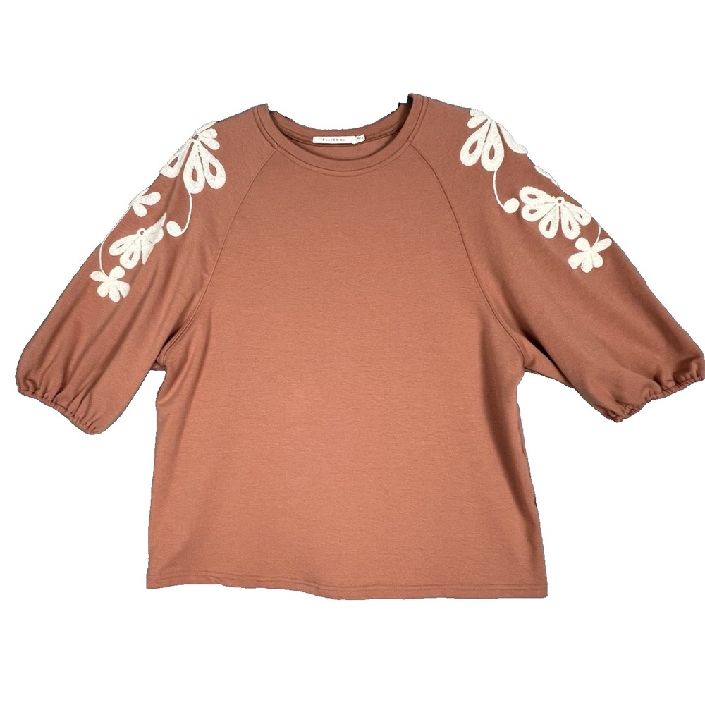 ELLISON Clay Colored 3/4 Sleeve Embroidered Sweatshirt Womens Size Small Casual
